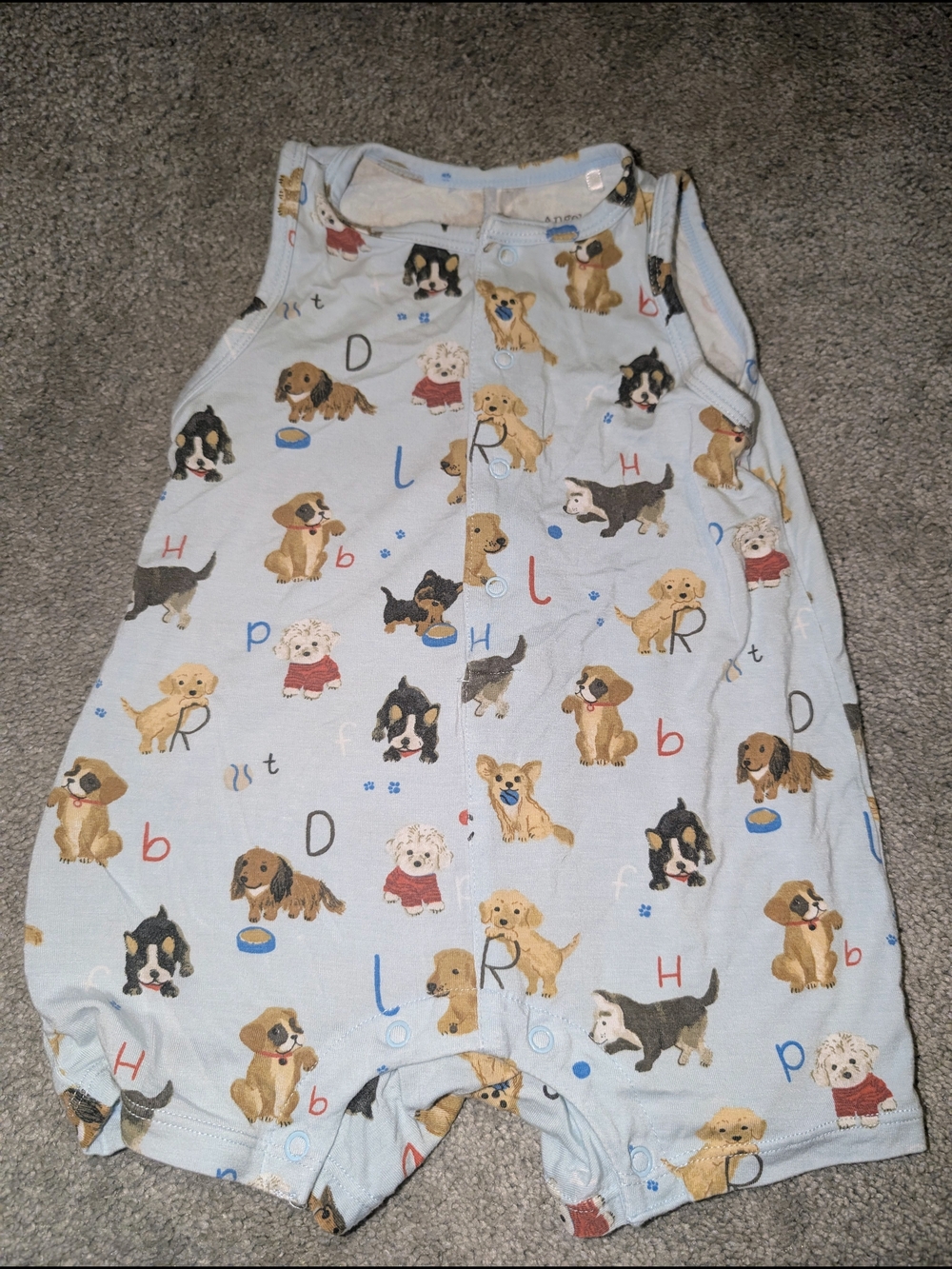 Angel Dear Puppy Alphabet Blue Bamboo Shortie Romper featuring  Dog Print